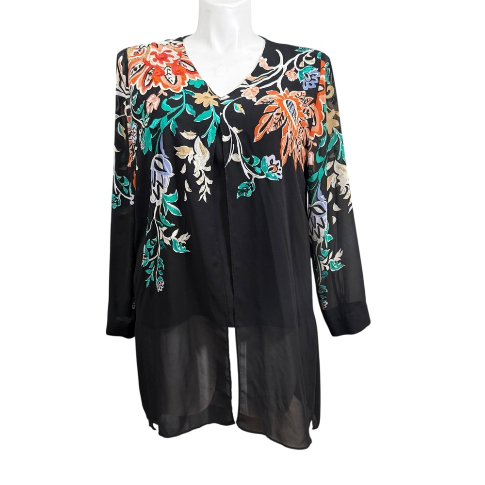 Chico’s Floral Sheer Layered Tunic Top Large Black Long Sleeve One Piece